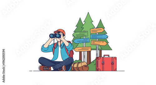 Man sitting with binoculars on ground.