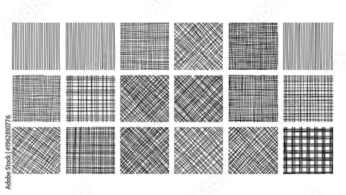 Collection of eighteen different hand drawn hatching and cross-hatching texture squares for artistic shading.