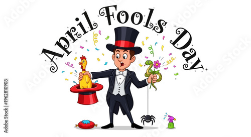 Illustration of a magician performing a playful prank on April Fools' Day with a humorous concept of trickery and surprise.