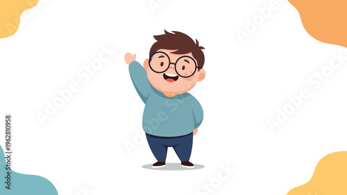 Happy young boy with glasses waving his hand and smiling warmly on white background with decorative corner shapes.