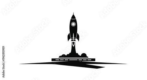 Rocket ship launching into the sky symbolizes progress and technological innovation through a stark black and white graphic design suitable for business branding and corporate mission statements.