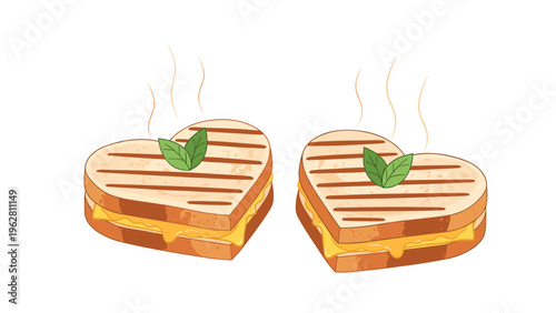 Two delicious heart-shaped grilled cheese sandwiches with melted cheese and fresh basil on top on white background.