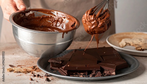 Chocolate batter being whisked over dark chocolate chunks