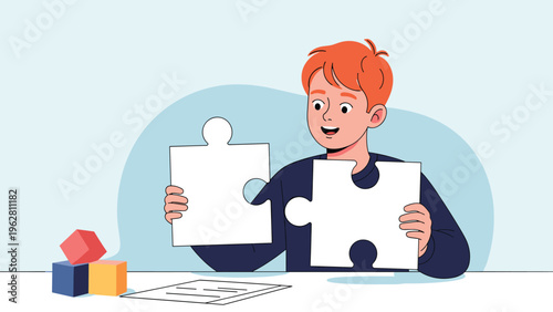 Happy boy holding two matching puzzle pieces and successfully completing a challenge isolated on white background.