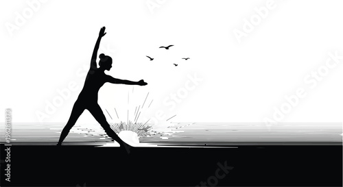 Yoga practitioner maintains a graceful pose during a tranquil sunrise at the ocean shore while birds fly overhead in this calming black and white silhouette graphic design for fitness wellness.