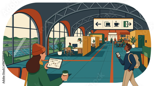 Modern airport terminal coworking space with digital nomad professionals