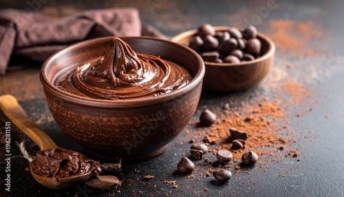 Chocolate batter in a rustic bowl with scattered chocolate drops