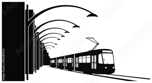 Tramcar glides smoothly along a modern urban railway station platform illuminated by a row of curved street lamps in this black and white minimalist graphic design illustration for transit concepts.