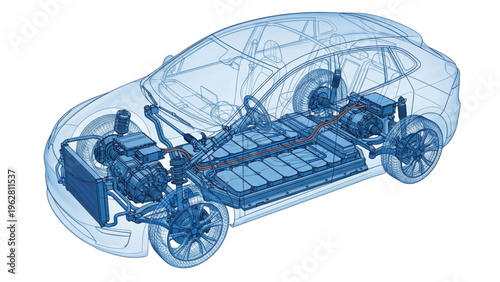 Technical 3D wireframe modern electric vehicle with x-ray view and translucent blue aerodynamic body. Ideal for EV and sustainable transport concepts.