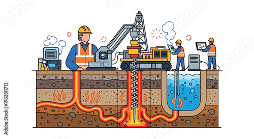 Geothermal Energy Drilling and Extraction Process Illustration.