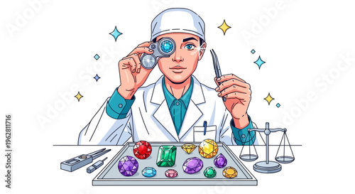 Gemologist Examining Precious Stones with Magnifying Glass.