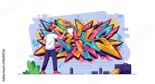 Graffiti artist creating vibrant mural on wall.