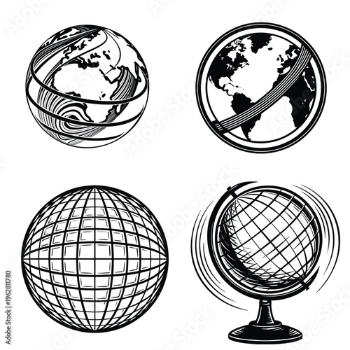 Global Network and Motion Globe Set Black and White Vector