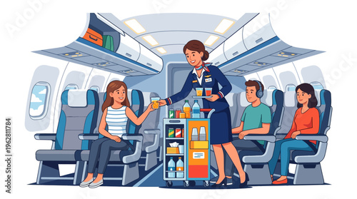 Flight attendant serving drinks to passengers on airplane.