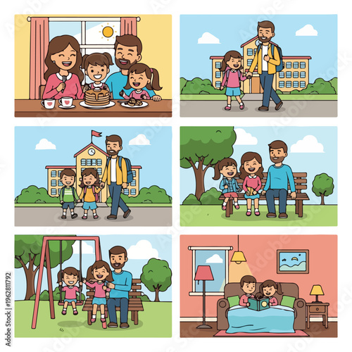 Family activities eating, walking to school, park, reading, with happy children