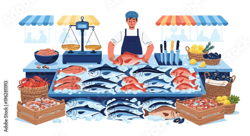 Fresh Fish Market Stall Display with Seller.