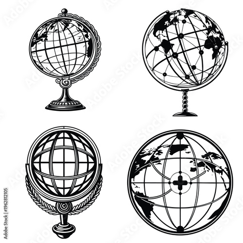 Vintage Globe Ornaments and Geographic Coordinate line art