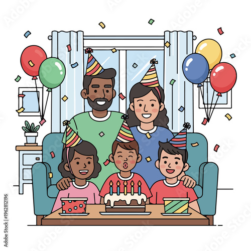 Family celebrating a birthday, cake, balloons, and confetti