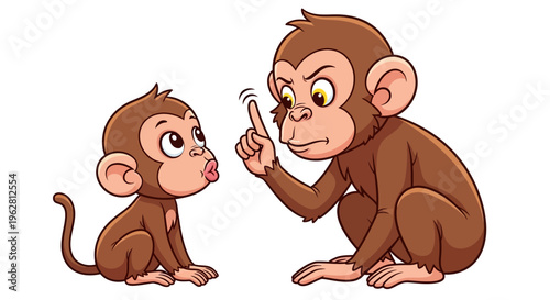 A wise adult cartoon monkey teaches a valuable lesson to a curious baby monkey, pointing a finger in a playful yet firm manner, ideal for children's educational content on behavior