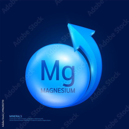 Magnesium minerals form blue ball circle with arrow on a dark background. Mineral vitamins complex essential supplement health. Food nutrition and medicine. Medical science concept. 3D Vector.