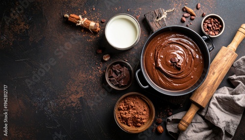 Chocolate batter in pan with ingredients on a rustic table