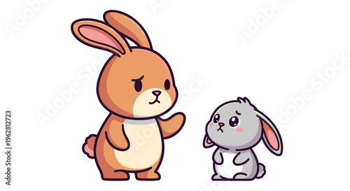 An adorable cartoon brown rabbit gently offers comfort and understanding to a smaller, sad gray bunny, depicting themes of empathy, support, and friendship in a heartwarming scene