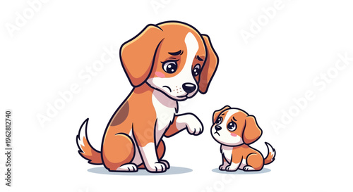 Touching cartoon illustration of a larger, sad dog gently comforting a small, worried puppy with its paw, symbolizing deep empathy, emotional support, and strong family bond