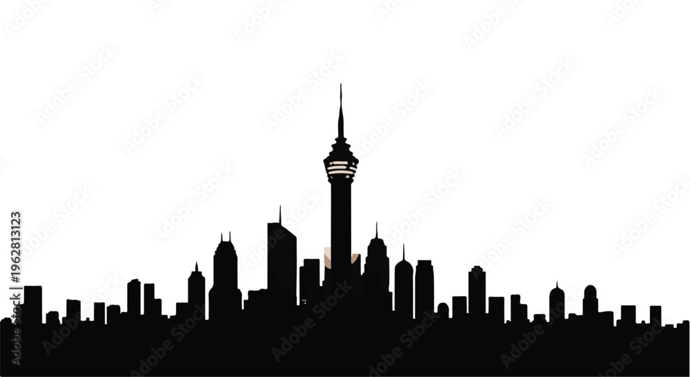 Obraz premium Skyscrapers silhouette featuring a prominent communication tower stands against a white background to represent modern urban development, international trade, and the growth of global metropolises.