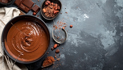 Chocolate batter preparation in bowls with cocoa powder and nuts