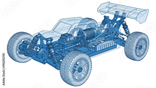 Technical 3D wireframe 1/8 scale off-road RC buggy with x-ray view and translucent blue lexan body. Ideal for RC racing and hobby concepts.