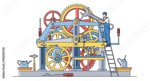 Intricate Clockwork Mechanism Being Repaired by a Technician.