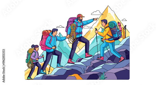 Group of hikers ascending a rocky mountain peak together.