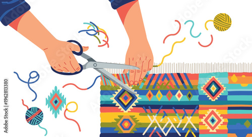 Hands cutting colorful woven fabric with scissors creating art.
