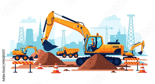 Heavy Construction Machinery Excavating and Transporting Soil.
