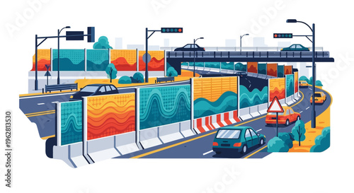 Highway traffic flow with sound barrier and cars.
