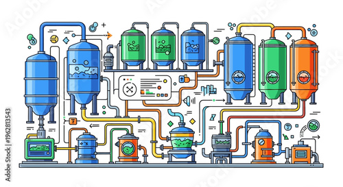 Industrial Chemical Plant Equipment and Piping System Illustration.