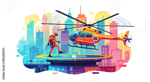 Helicopter rescue operation in urban environment with rescuer.