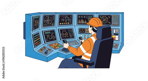 Industrial Control Room Operator Working at Complex Console.