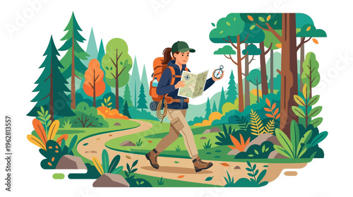Hiker with backpack and map exploring forest path.