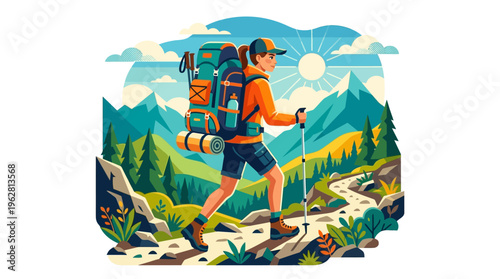 Hiker with Backpack and Trekking Poles Ascending Mountain Trail.