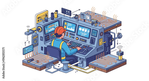 Industrial Control Room Operator Working on Complex Machinery.