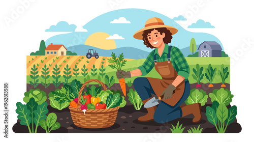 Happy Farmer Woman Harvesting Fresh Vegetables in Garden.