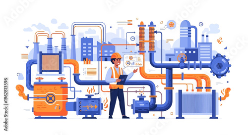 Industrial Engineer Inspecting Complex Piping System.