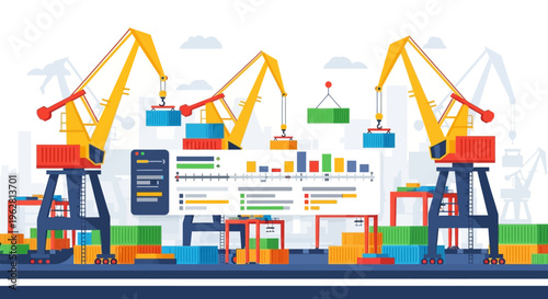 Industrial Port Cranes Loading Shipping Containers with Infographic Data.