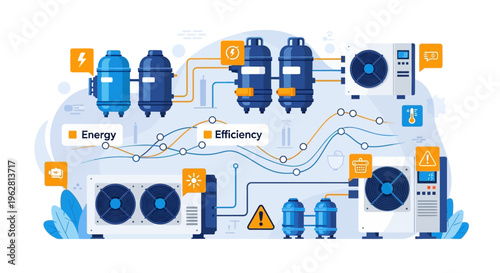 Industrial HVAC System Components and Energy Efficiency Diagram.