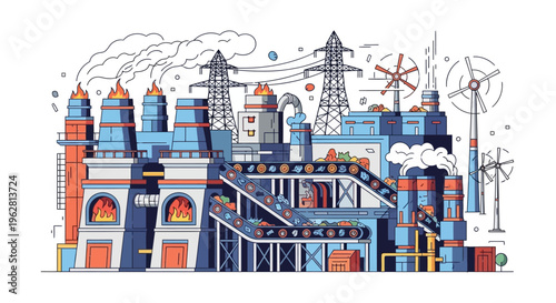 Industrial Power Plant with Smokestacks and Wind Turbines.