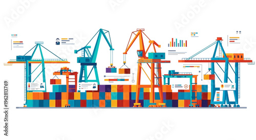 Industrial Shipping Port Cranes and Cargo Containers Logistics.