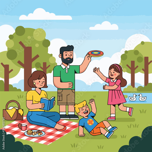 Family enjoying a picnic with a frisbee in a park setting with trees and a lake