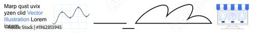 Business strategy, growth analysis, e-commerce, entrepreneurship, online store setup, marketing trends. Analytics graph and store icon connected by visual elements. Business strategy and growth