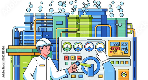 Industrial Worker Operating Complex Machinery Control Panel.